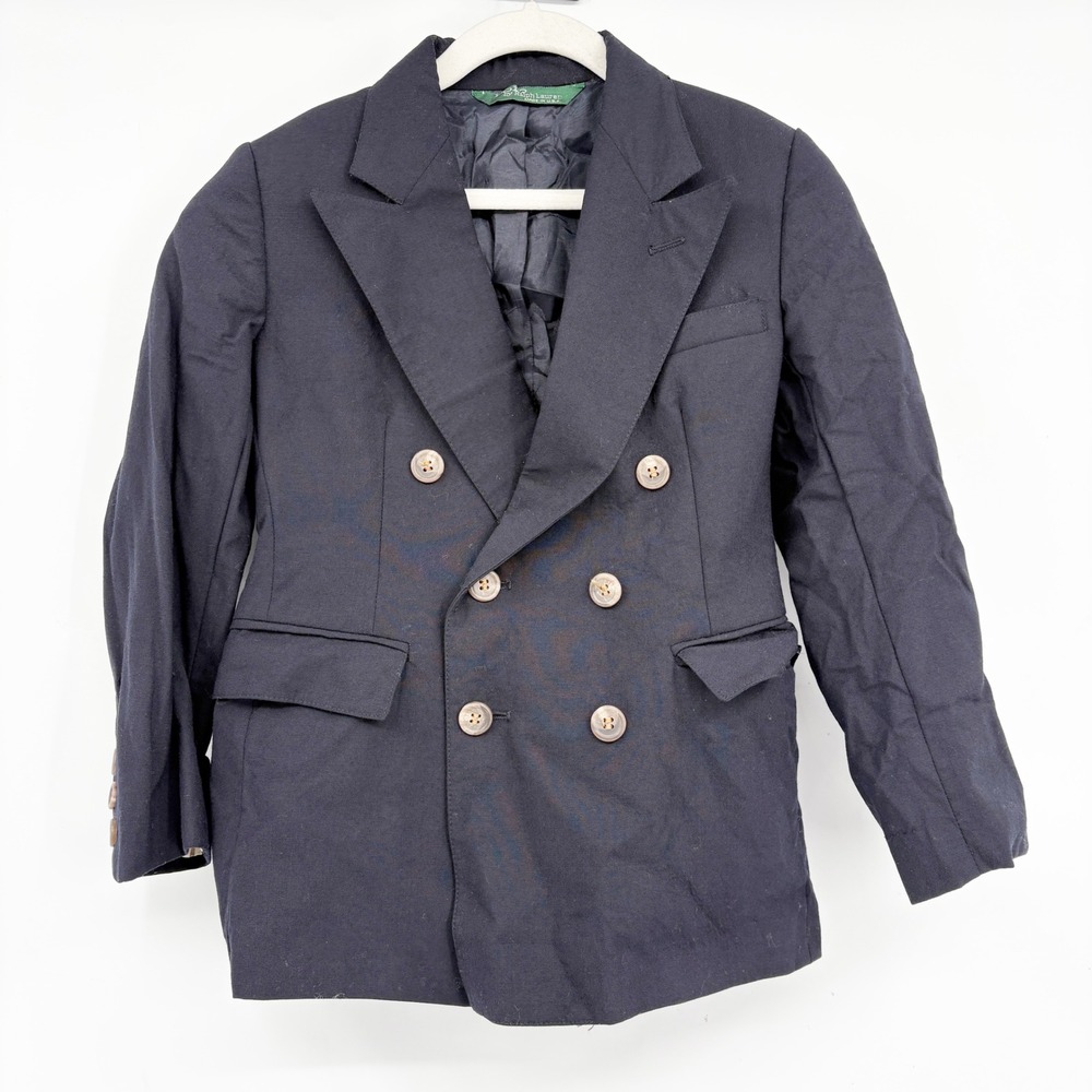 Polo Ralph‎ Lauren Boys Navy Wool Double Breasted Preppy Academic Blazer Size 8
